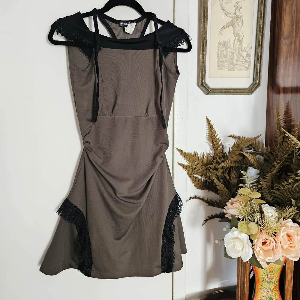 Plastik Wrap Goth Military Olive Green Minidress W/ Black Lace